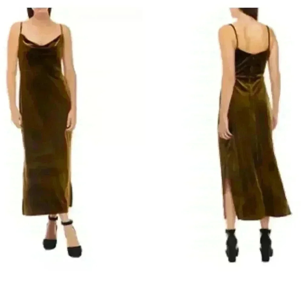 Taylor Womens Velvet Cowl Neck Maxi Dress Olive Green Size 6 New
